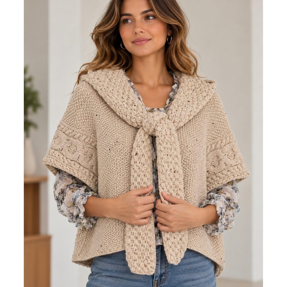 Anthropologie Far Away From Close L Wool Cable Knit Hooded Cape Cardigan